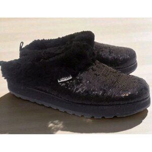 Skechers Bobs Size 7 Sequin Faux Fur Mule Slippers Black Slip On Cozy Loungewear